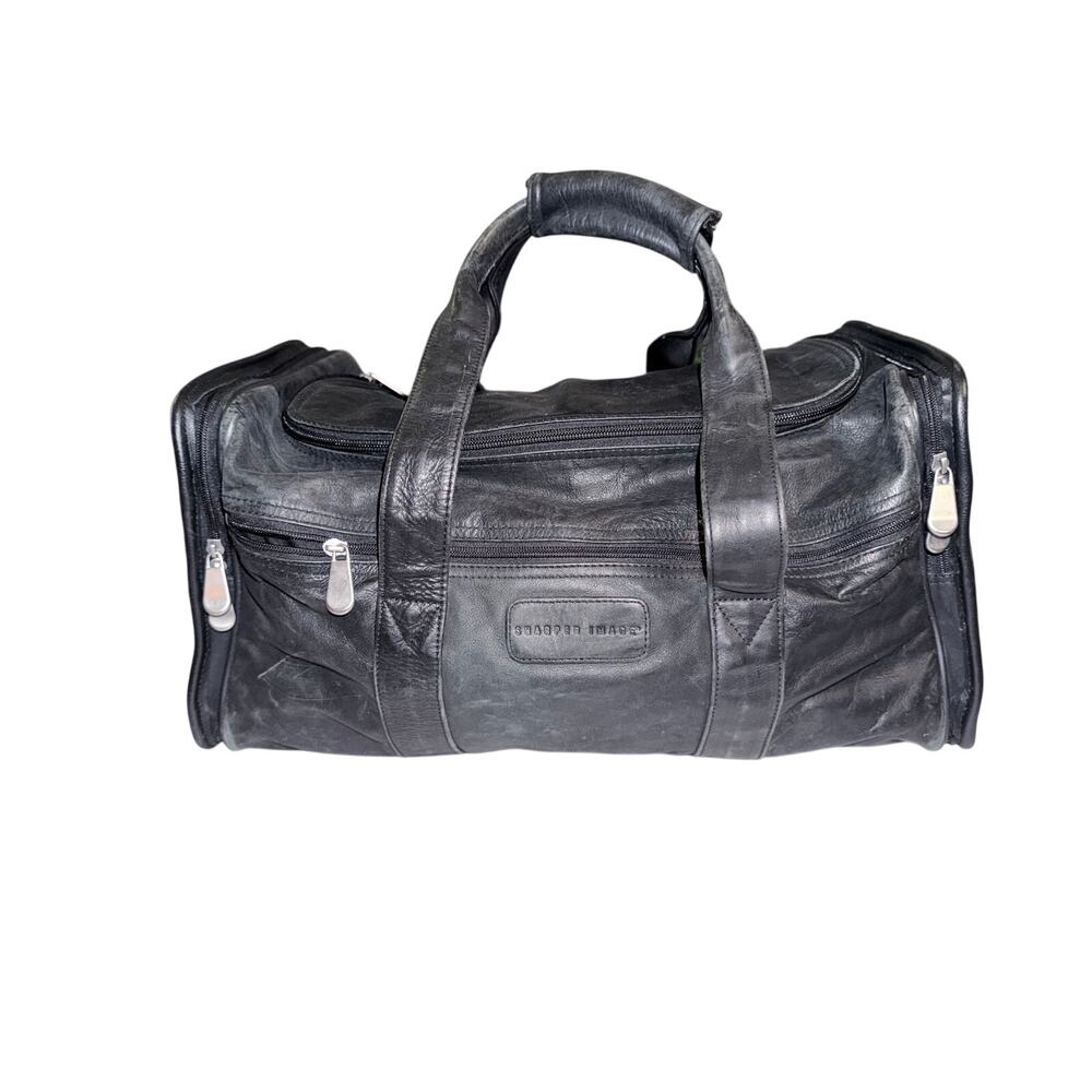 Sharper image black leather duffel bag travel carry on weekender top handle gym